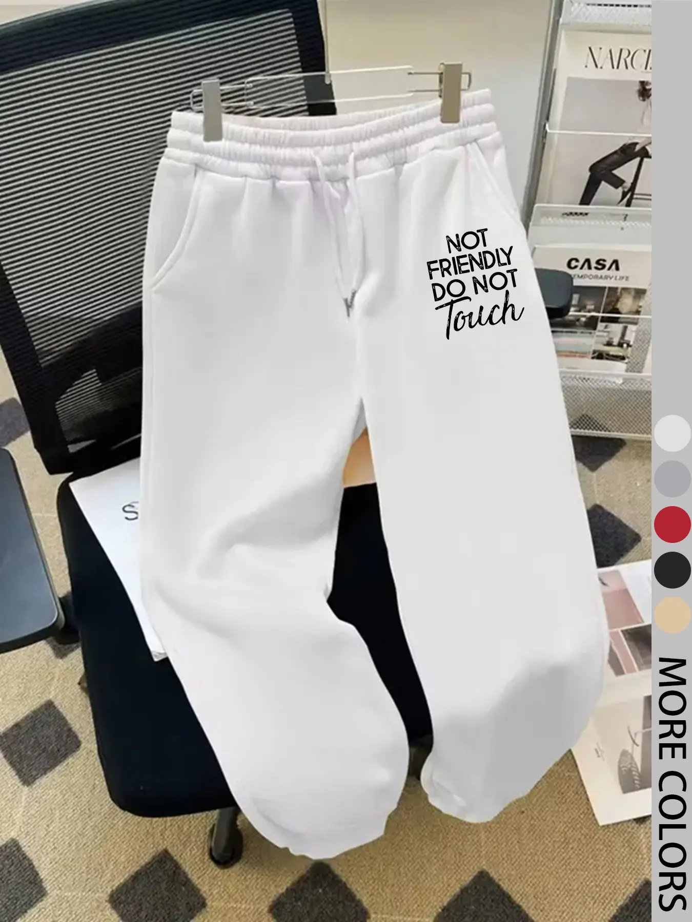High Waisted Cuffed Sweatpants with Drawstring, Neutral Cream Joggers with Pockets & Elastic Cuffs, Slimming Graphic Trousers for Airport Look, Gym, and Lazy Day Outfits