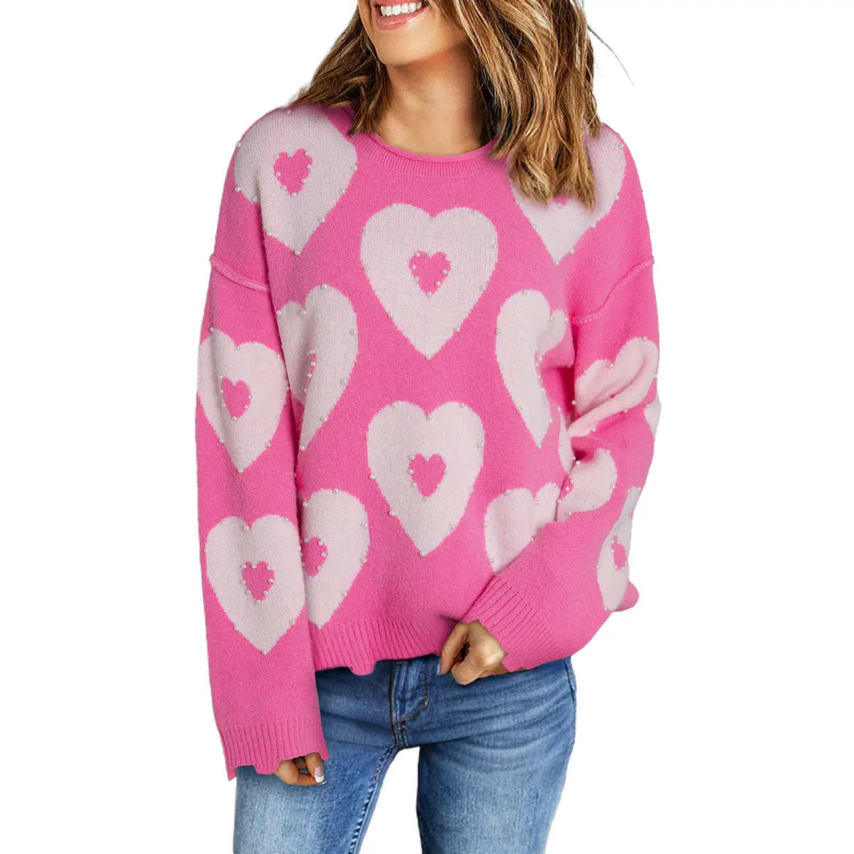 Asvivid Women's Cute Floral Sweater with Faux Pearls, Long Sleeve Drop Shoulder Distressed Ribbed Knit Top