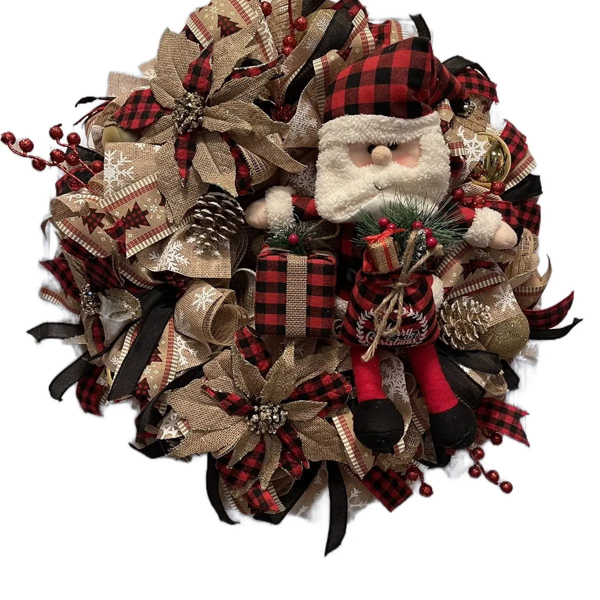 Traditional Christmas Farmhouse Santa Wreath with Rustic Charm for Door or Wall Decoration Festive Ornaments Gift Idea