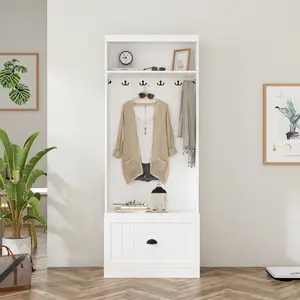 FUFU&GAGA 3 in 1 Entryway Hall Tree with Shoe Bench and Coat Rack, Hall Tree with Large Storage Drawer, 4 Hanging Hooks & Upper Open Shelve Organizer