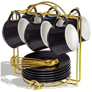 Espresso Cups with Saucers, Spoons, and Metal Stands, 4-ounce Small Ceramic Cappuccino Coffee Cup Set of 6, Cute Teacups with Handles