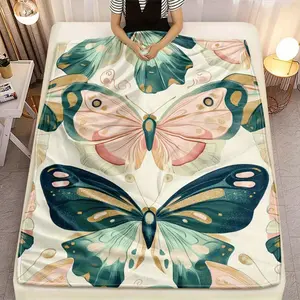 Elegant Boho Watercolor Green Pink Butterfly Print Soft Cozy Decorative Throw Blanket