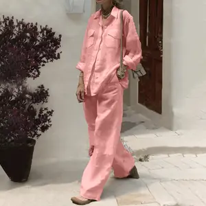 Womens Two-piece Pants Button up Long Sleeve Lounge Set Casual Fashion Clothes Daily Wear Comfortable Style