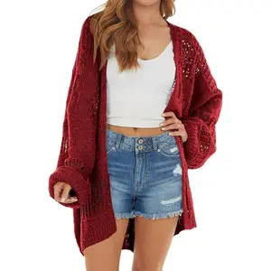Women's lightweight crochet oversized cardigan wool sweater kimono bohemian long sleeved front cardigan knitted top, thick and elegant(Sheets)