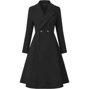 Women's Pea Coat Double Breasted A Line Long Trench Coat Winter Dress Coat with Pockets