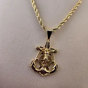 6 - 14K Laminate Gold Anchor Pendant with Ship Wheel & Jesus Cross, Chain Included Charm Necklace Gift
