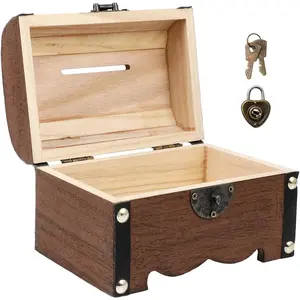 Vintage Treasure Storage Box with Lock Small Wooden Treasure Chest Organizer Piggy Bank for Coins Jewelry Home Decor
