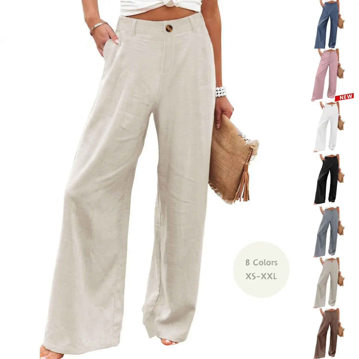 Yeokou Womens Cotton Linen Pants Casual Button Up High Waisted Wide Leg Trousers, Bottoms, Casual Chic Trousers,summerwins,summeroutfits,vacationoutfits,beachoutfits