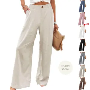 Yeokou Womens Cotton Linen Pants Casual Button Up High Waisted Wide Leg Trousers
