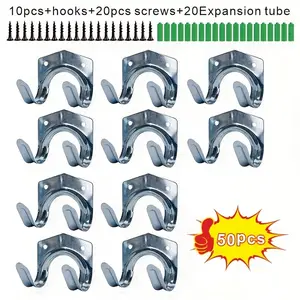 50Pcs Heavy Duty Metal Tool Hooks, Rustproof Wall Mount Double Hangers with Screws & Anchors, Garage Storage Rack for Shovels, Brooms & Workshop Garden Tools