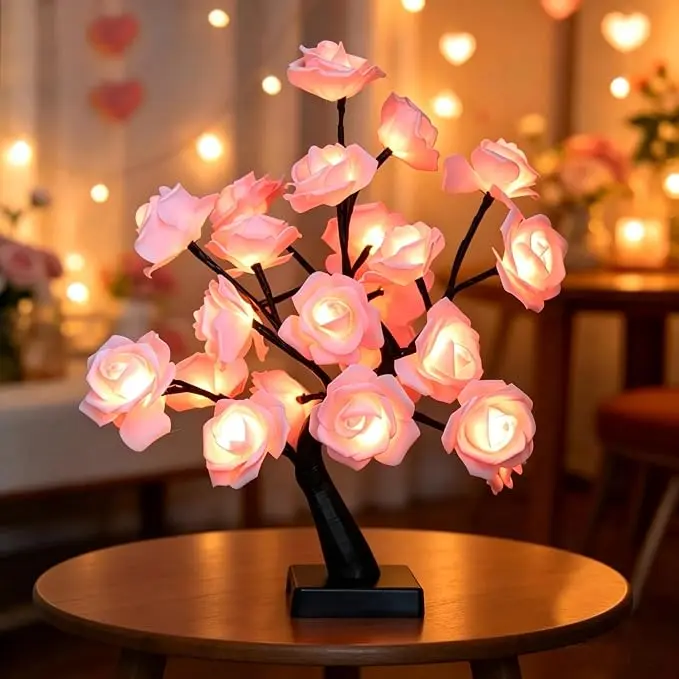LED Rose Tree Lamp - Pink Glowing Flower Bonsai Night Light, Romantic USB Table Lamp for Bedroom, Living Room & Gifts