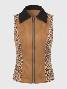 Women's Y2K Edgy Grunge Fashion Spring Fall Suede Leopard Print Vest, Sleeveless Zip Up Collared Slim Fit Corset Top, For Streetwear Motorcycle Biker Night Out