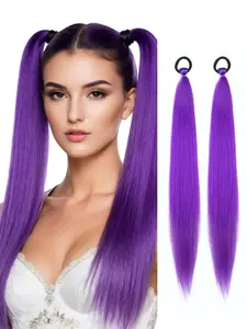 Kpop Purple 26 Inch Synthetic Hair Pieces Elastic Hair Tie Ponytail Braid, Straight Smooth Ringed Braided Hair Ponytail ，Pack of 2, All Seasons