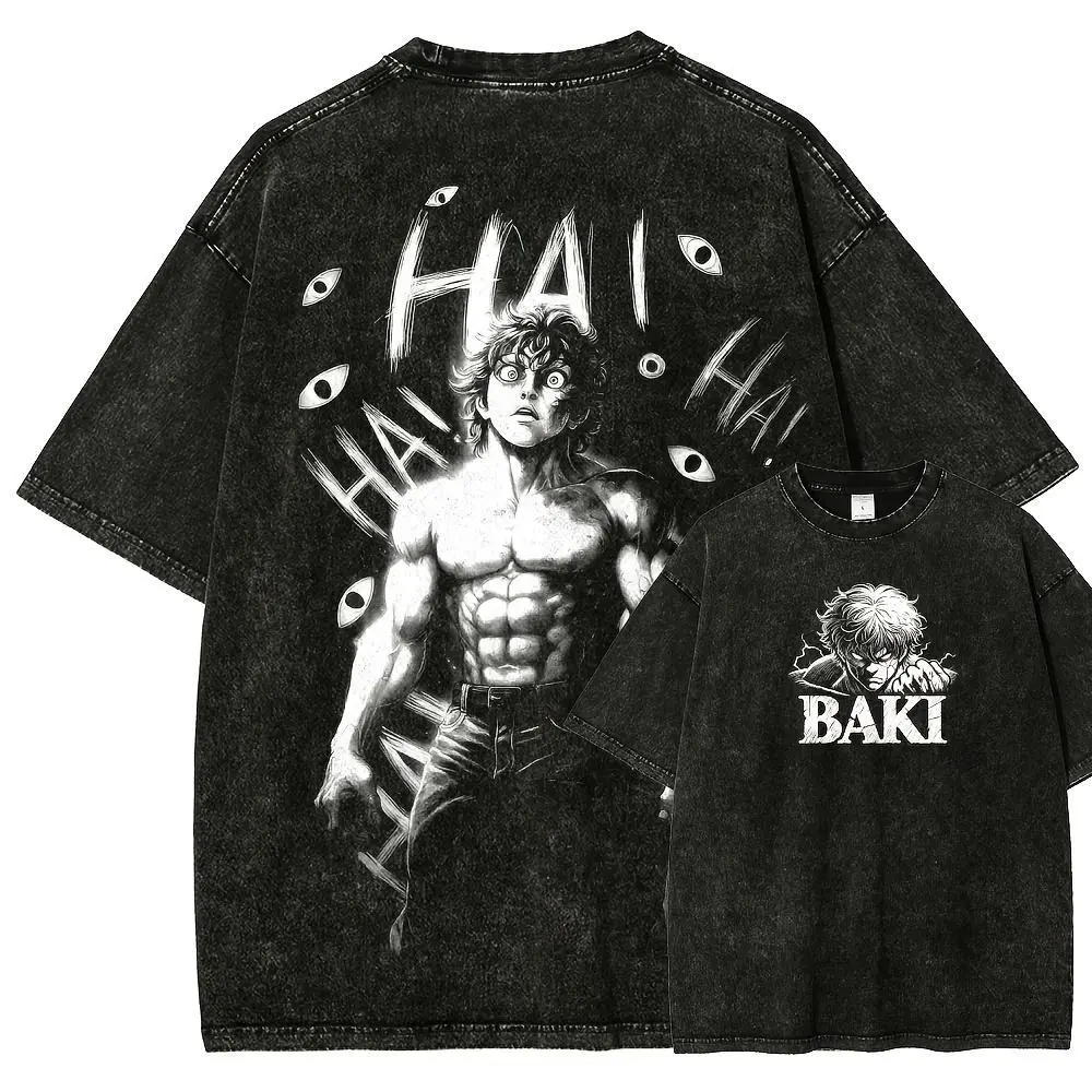 Men's Fitted 90s Grunge Cotton Baki Hanma Round Neck Short-Sleeve Washed Distressed Streetwear T-Shirt - Unisex Figure Top, Graphic, Funny Vibes, Vintage, Sporty Chic, M