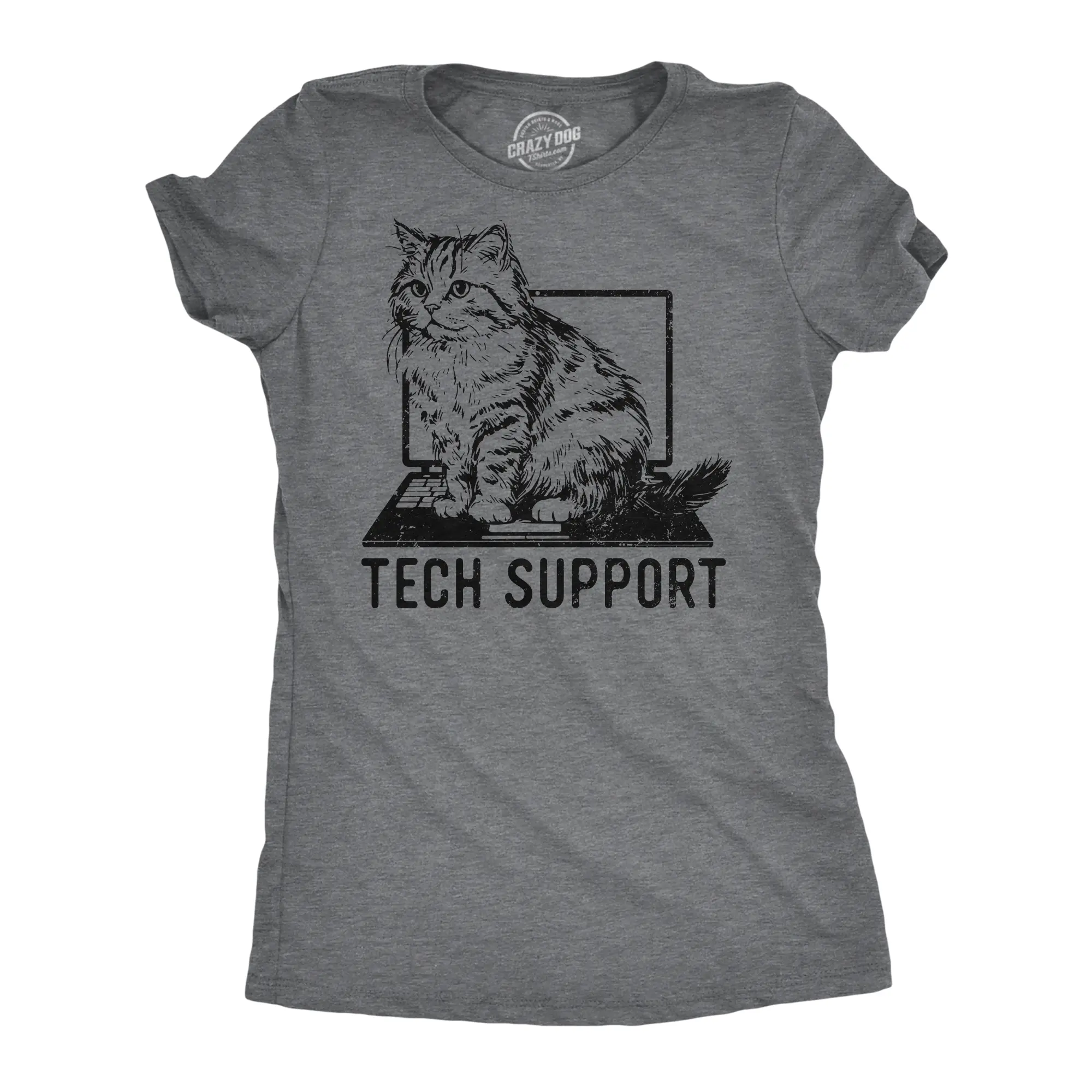 Womens Tech Support Funny T Shirts Cute Kitten Graphic Tee for Ladies Funny Womens T Shirts Cute Vintage Fashion Casual Ladies T-Shirt Gift Sarcastic Tops for Women Funny Cat Top Women's Novelty Tees Dark Grey