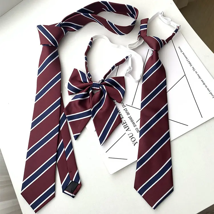 Burgundy Navy Stripe JK Uniform Tie & Bow Set for Girls, Pre-Tied Adjustable Preppy Skinny Necktie, Classic Striped Collar Accessory for Back to School Sailor DK Outfit Daily Cosplay