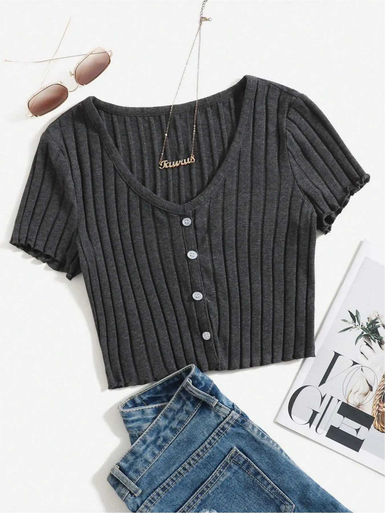 Women's Ribbed Knit Curved Hem Crop Tee, Basic Casual Short Sleeve