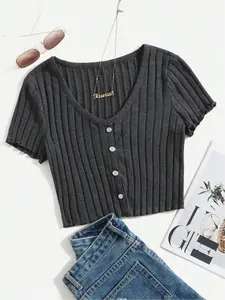 Women's Ribbed Knit Curved Hem Crop Tee, Basic Casual Short Sleeve V Neck T-shirt for Summer, Ladies Clothes for Daily Wear, Tops