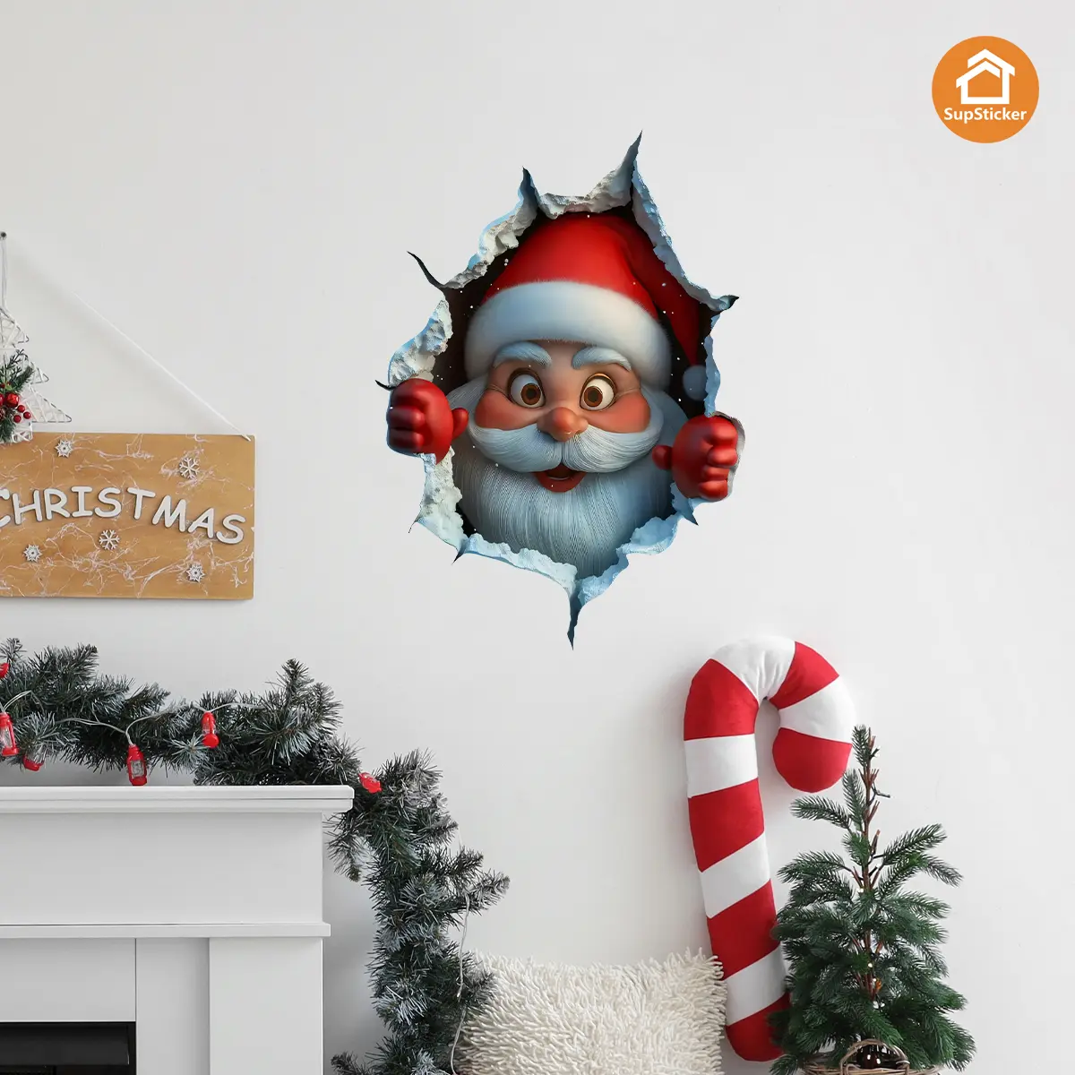Santa Claus Wall Decal, Christmas Holiday Creative Style, Vinyl Self-Adhesive Removable DIY Decorative Sticker for Living Room Party, Room Decor Ornament