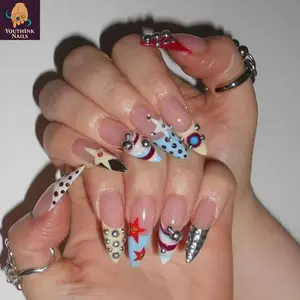 Y2K Cyber Star Press On Nails, Nude Glossy Base with Red Blue Star Graphic, Polka Dot and Chrome Stud Design for Bold Statement Party Look