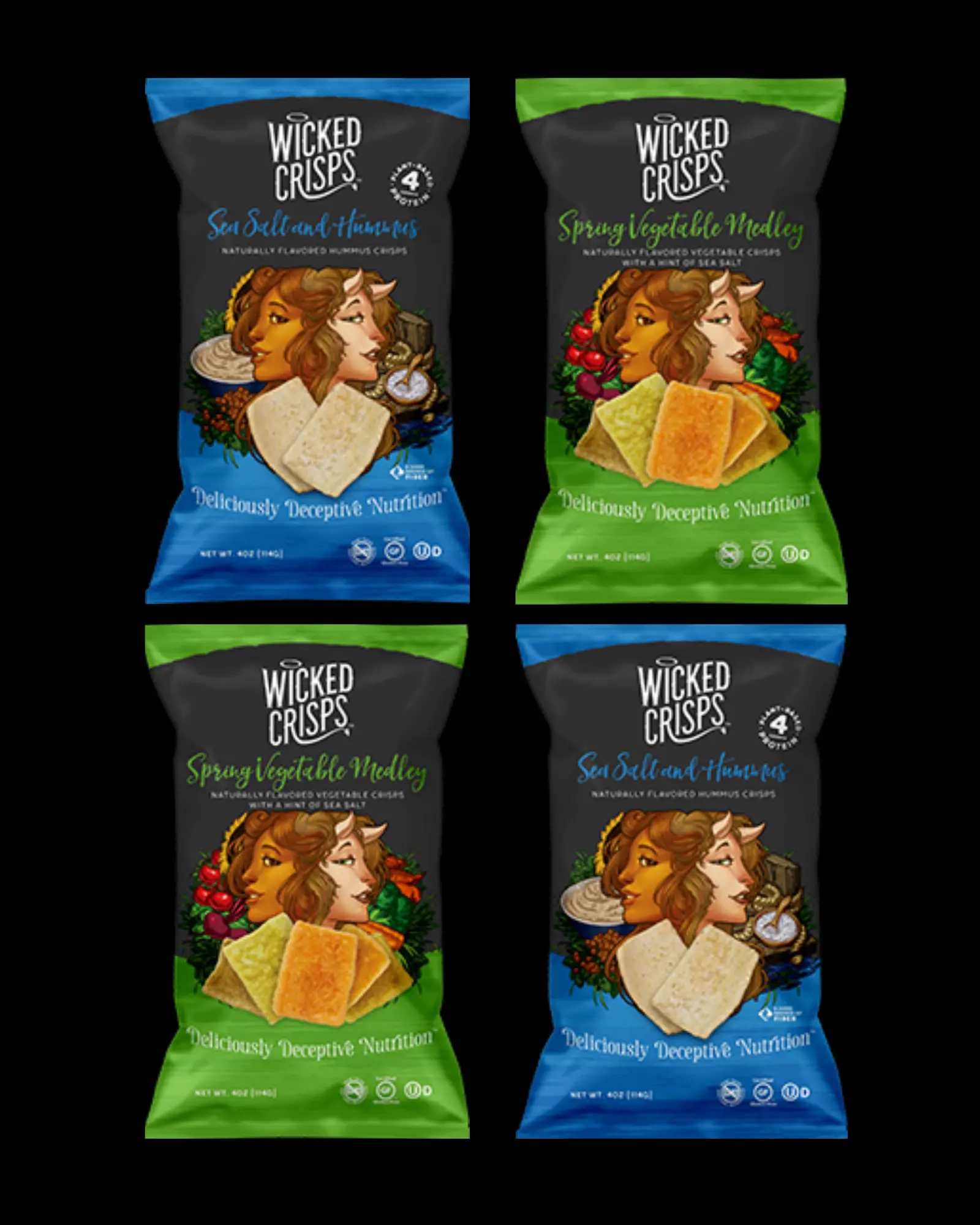 Wicked Crisps Vegan Vibes Duo - Gluten-Free, High-Protein, Kosher, Non-Fried, Guilt-Free Snacks (Sea Salt Hummus & Spring Veggie Crisps) 4-Pack