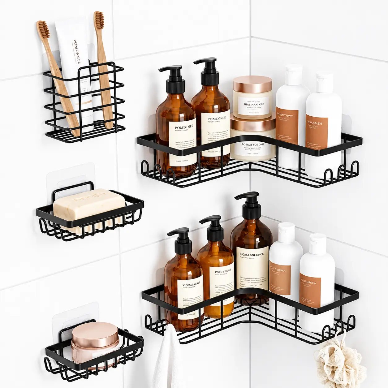5-Piece Modern Stainless Steel Black Corner Shower Caddy - Self-Adhesive Wall Mount, No Drilling, Waterproof, Removable, Hollow Round Design with Hooks, Soap Holder, Toothpaste Holder for Bathroom Vanity Storage (Multi-Piece Shower Accessories), Water Pro