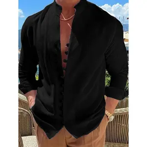 Men's Retro Cotton Linen Cardigan Shirt - Casual Loose Fit Stand-Up Collar Long Sleeve Button Front Solid Color All-Season Versatile Layering Piece, Relaxed Fit Clothing | Textured Fabric, Lightweight Cardigan