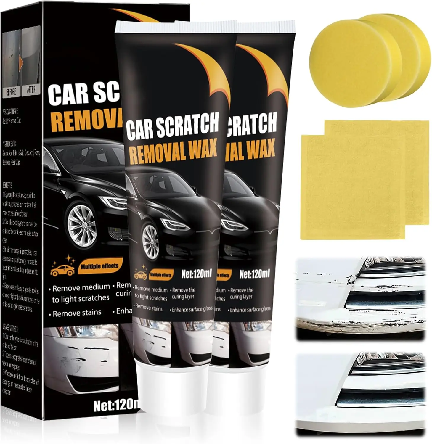 Car Scratch Removal Wax, Pcs Car Scratch Remover with Sponge & Cloth, ml Scratch Remover for Vehicles, Professional Car Scratch Repair Paste for Deep & Light Scratches