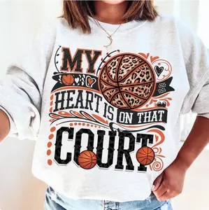My Heart Is On That Court Leopard Basketball Sweatshirt T-shirt, Cute Basketball Mom Game Day Tee, Cozy Leopard Print Hoops Pullover, Retro Basketball Fan Crewneck Shirt, Gift For Her, Womenswear, Cotton Womenswear