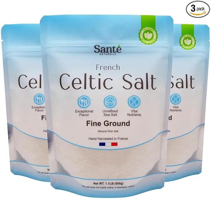 Sante Naturelle Celtic Salt Organic Fine Ground - 1.1lb (18oz) Pack of 3, Unrefined Organic French Sea Salt, Rich in 82+ Minerals Salt, 100% Natural & Hand Harvested Sal Celtica