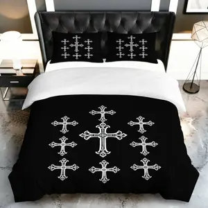 3PCS Duvet Cover Set, 1 Duvet+2 Pillowcases(Without filler), Gothic Cross Monochrome Elegant Modern Chic theme, Halloween bedding set, Luxurious Comfortable Suitable for decoration Bedroom Living Room Hotel Guest Room
