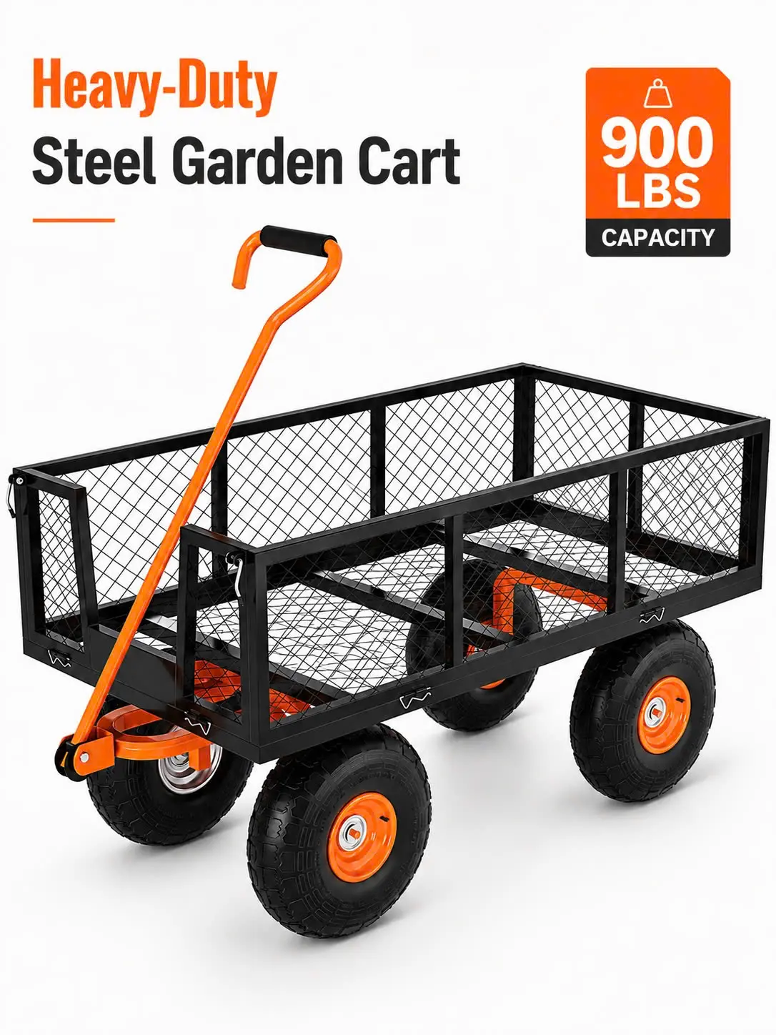 Heavy Duty Steel Garden Cart - 900 lbs Capacity Utility Trolley (Home Improvement Building Supplies) with Removable Mesh Sides, Flatbed Design, 180° Handle, 10-in Tires for Garden Use