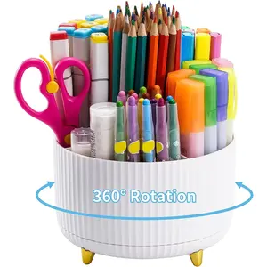 Marbrasse Desk Organizer, -Degree Rotating Pen Holder for Desk, Desk Organizers and Accessories with Compartments Pencil Organizer, Art Supply Storage Box Caddy for Office, Home （White） Marbrasse