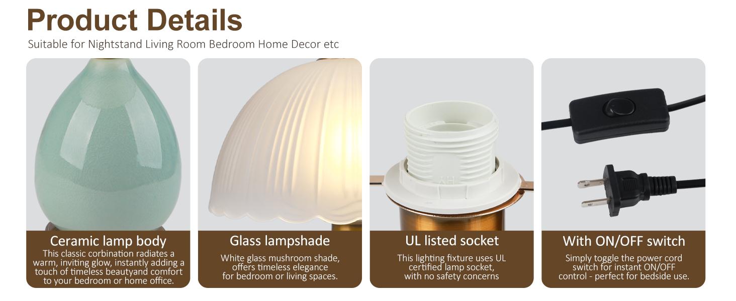 Table Lamps Ceramic Retro Lamp for Living Room,16.73" Modern Bedside Nightstand Traditional Lamps, Classic Chinoiserie Green Glass Lamp for Home (French Country)