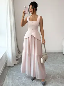 Pure Color Large Collar Sleeveless Slim-Fit Long Dress, Elegant Contrast Mesh Detail, Plain Surface, High-Quality Fabric (88.2g/m²)