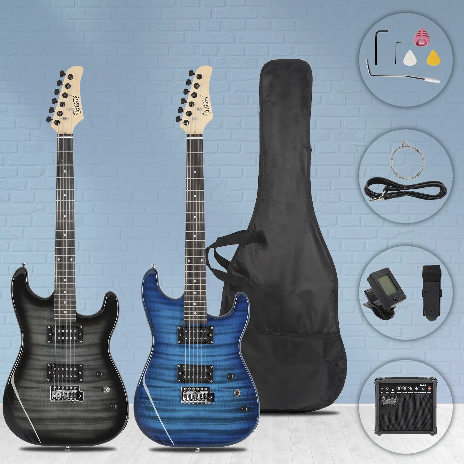 H-H Pickup Electric Guitar Set with 20W Amp, Silent Practice Output, Blue Tiger Stripe Design, Full Kit with Bag, Strap, Cable, Ideal for Beginners