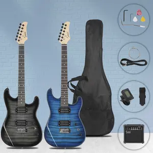 H-H Pickup Electric Guitar Set with 20W Amp, Silent Practice Output, Blue Tiger Stripe Design, Full Kit with Bag, Strap, Cable, Ideal for Beginners