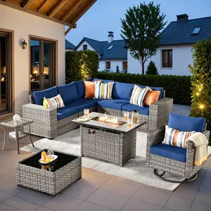 LuxHearthandHome 9-Piece Weatherproof Outdoor Wicker Modular Sectional Couch Set, Outdoor Furniture with Fire Pit and Swivel Seat
