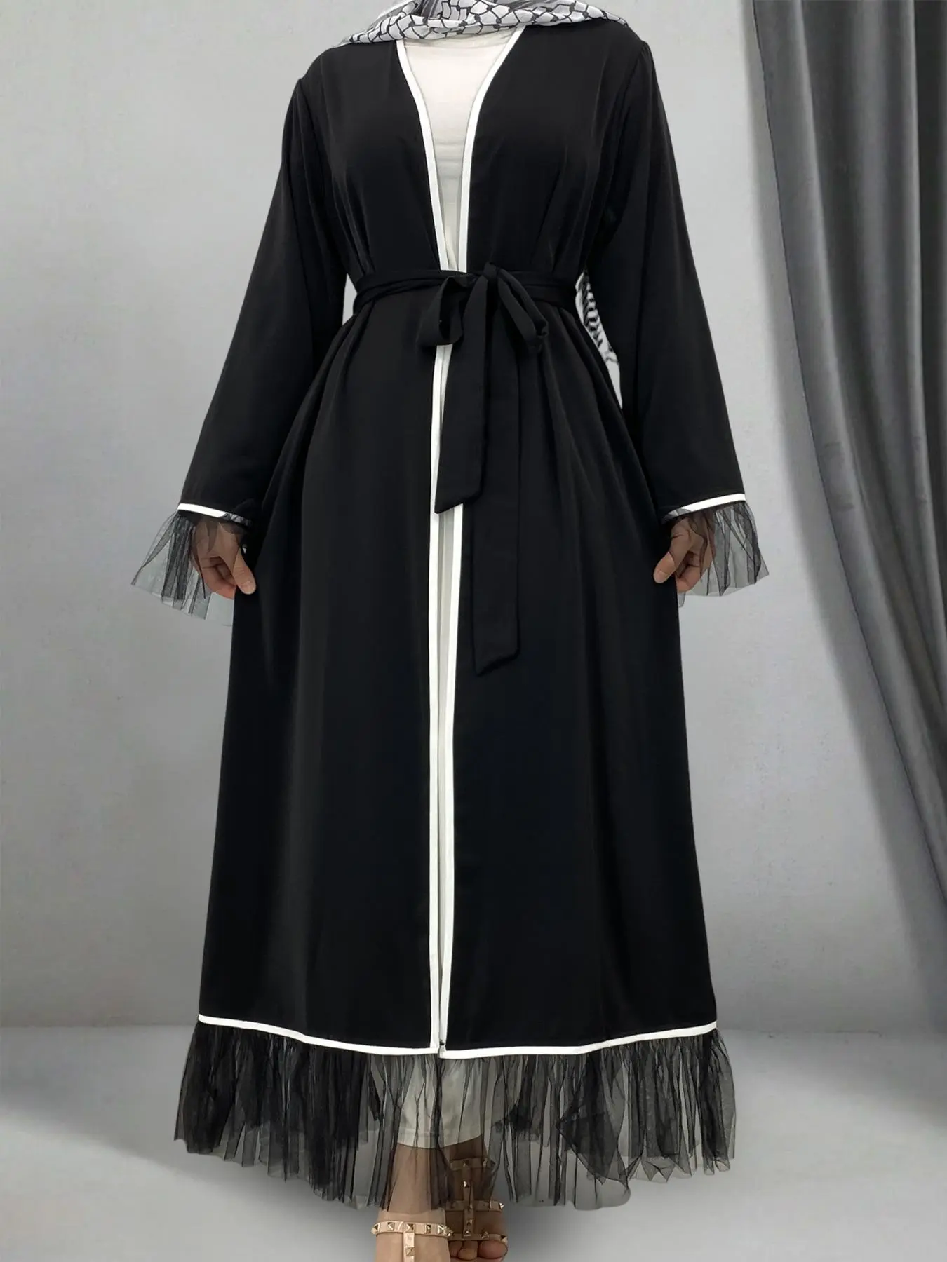 Women's Solid Color Abaya, Modest Casual Long Sleeve Belted Abaya Outer Robe for Daily Wear, Ladies Elegant Islamic Clothing for All Seasons