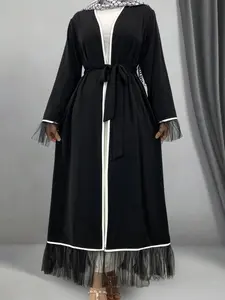 Women's Solid Color Abaya, Modest Casual Long Sleeve Belted Abaya for Daily Wear, Ladies Islamic Clothing for All Seasons
