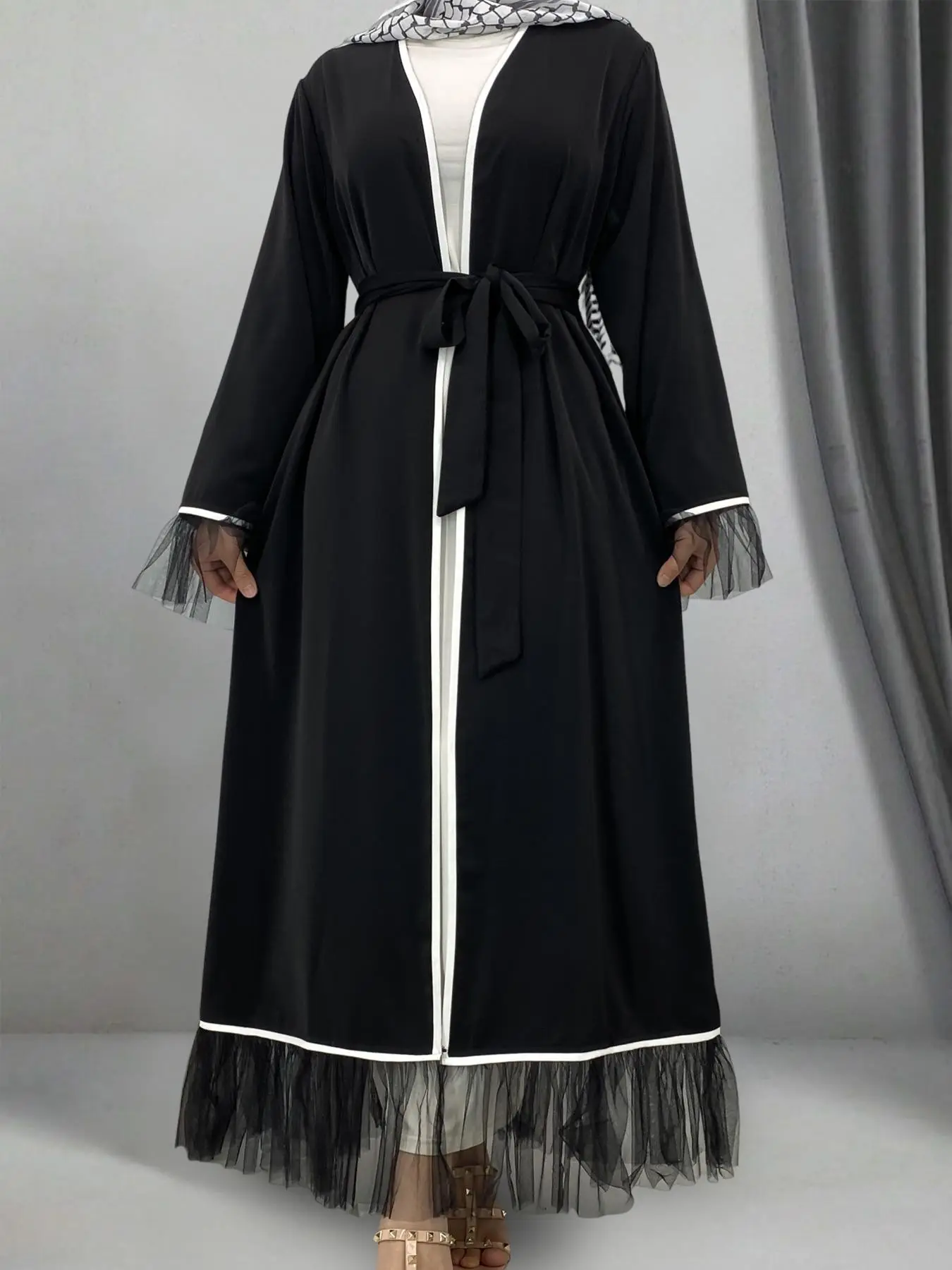 Women's Solid Color Abaya, Modest Casual Long Sleeve Belted Abaya for Daily Wear, Ladies Islamic Clothing for All Seasons