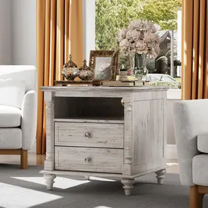 RedLemon Farmhouse Nightstand with Built-in Charging Station, Storage Drawer & Open Wood Shelf – Compact Bedside Table for Bedroom, Living Room, Small Spaces