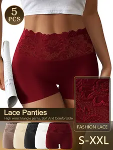 5Pcs QUASTI Women’s Lace Boyshort Panties High Waisted, Sexy Floral Lace Waist Boxer Briefs for Women, Soft Breathable Stretch Underwear, Seamless Look Full Coverage Ladies Boyshorts for Everyday Wear, Workout, Date Night, Gift for Her