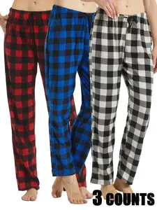 Women's Plaid Sleep Pants Set, 3 Pcs Casual Lounge Wear, Long Pants, Comfortable Home Shorts, Pajamas, Loungewear, Knit, Nightwear for All Seasons
