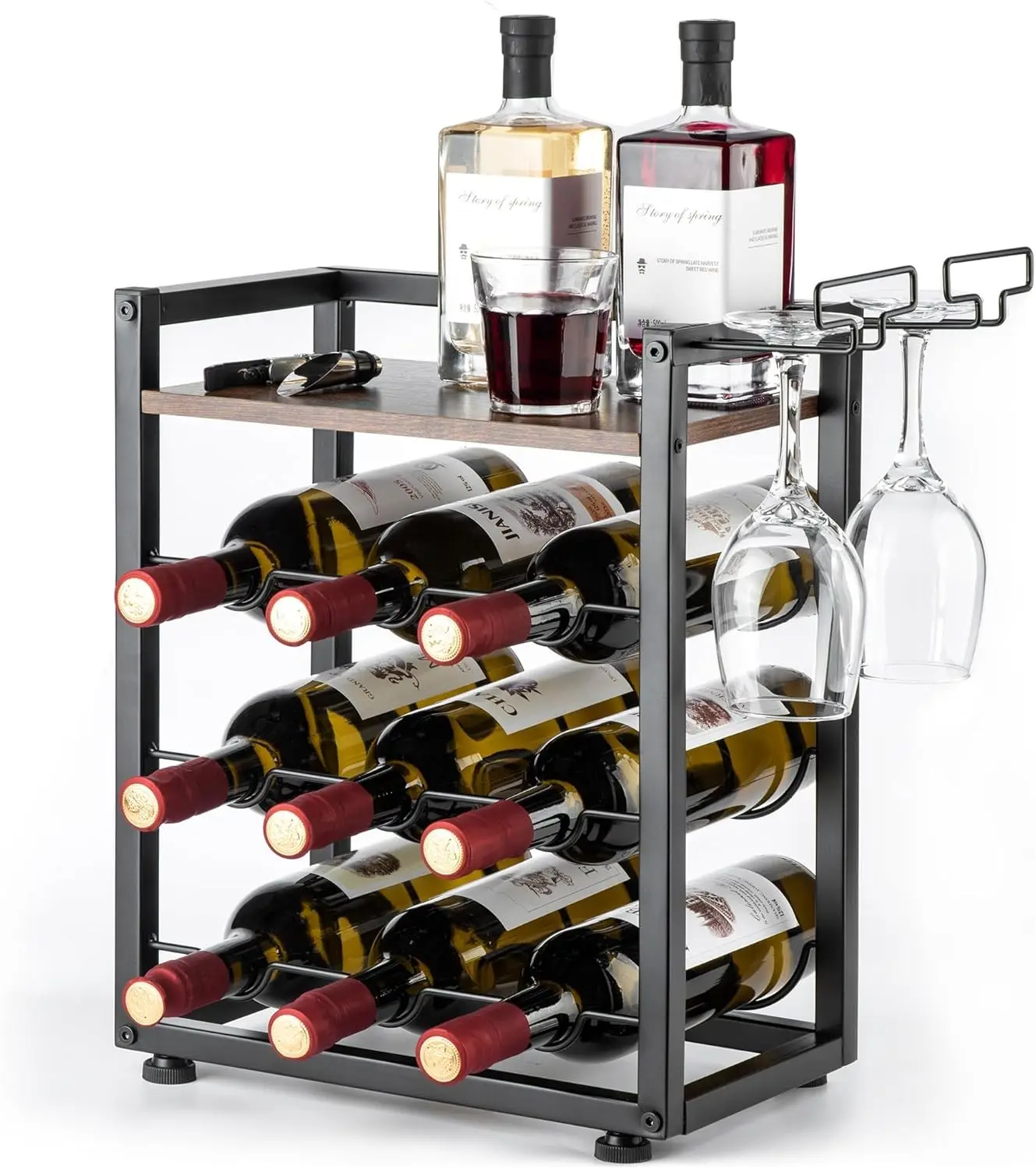 facka Wooden Countertop Wine Rack with Tray, Freestanding Wine Bottle Holder for 9 Bottles & 2 Glasses, Rustic Wine Stand for Home, Bar, Kitchen, Wine Cellar