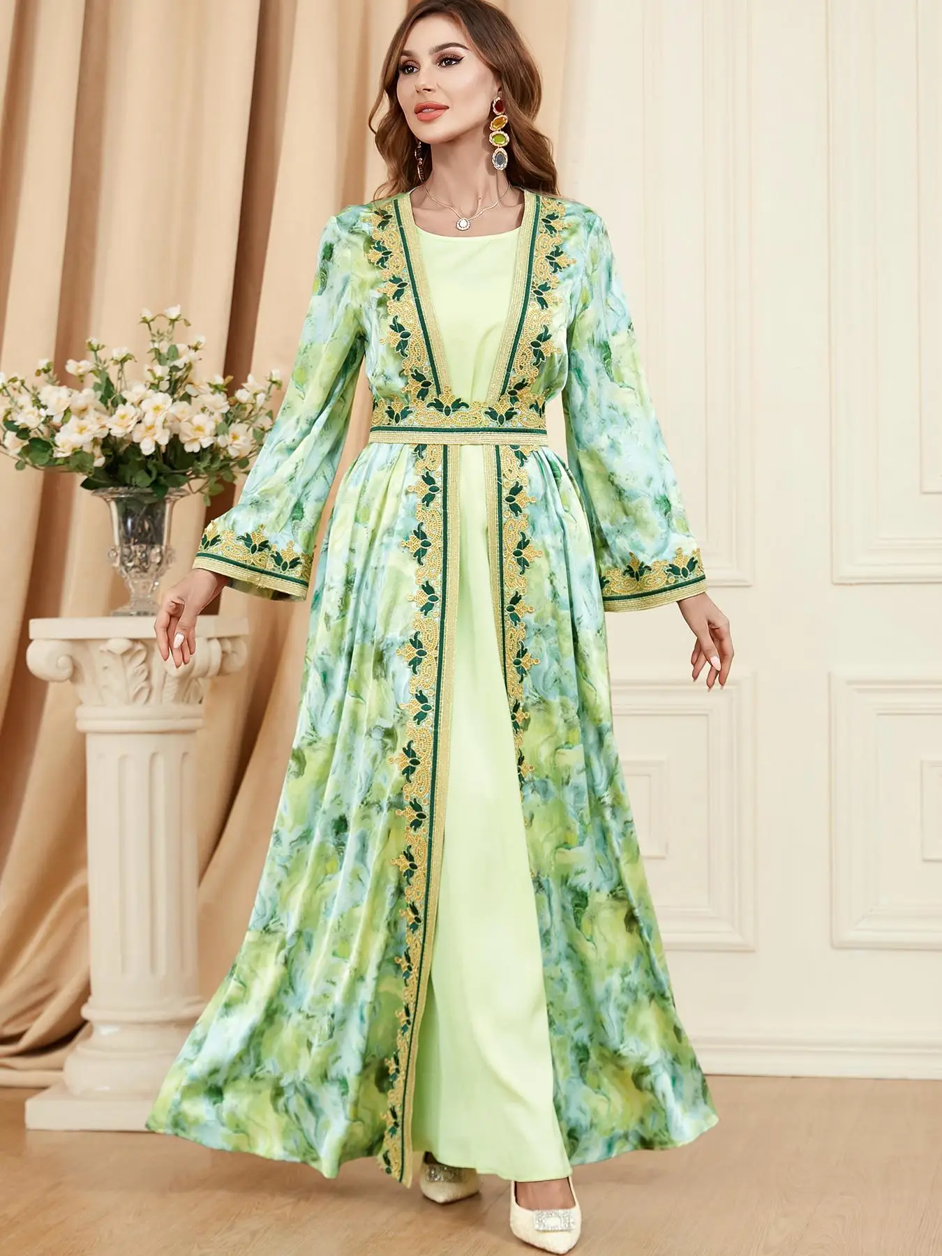 Women's Tie Dye Print Embroidery Two-piece Set, Elegant Flounce Sleeve Belted Abaya & Tank Dress for Spring & Fall, Women's Islamic Clothing for Daily
