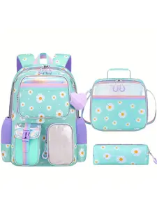 Daisy School Backpack for Girls, Student Class Backpack, 3pcs Nylon Set with Lunch Box & Pencil Pouch, Cute Lightweight Teen Girls School Bag