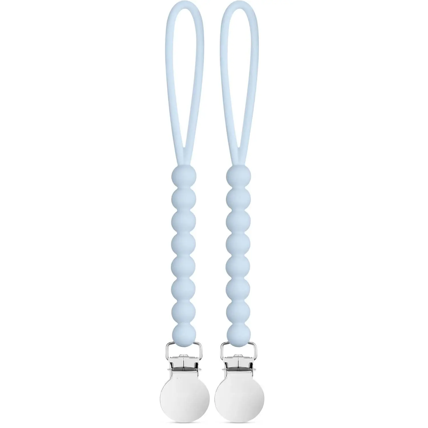 Judy Style Silicone Pacifier Clips, Blue Beaded Binky Holder and Teething Toy Leash for Baby, Pack of 2, Clip On Teethers, Beaded Chain, Pair Pack, Unisex