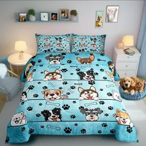 Cute Dog Comforter Set for Kids Room Decor Cartoon Puppy Pet Animals Bedding Comforter Black Paw Print Blue Soft Polyester Quilt Set