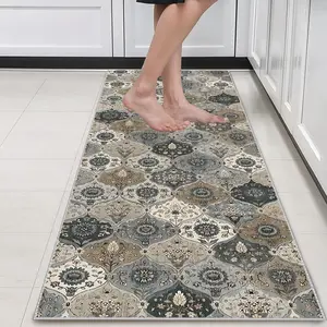 Vintage Long Hallway Rug, Crystal Velvet Silicone Bottom, Multi-Functional Home Decor Carpet for Bedroom, Kitchen, Bathroom, Floral Area Rug, Vintage Runner Rug